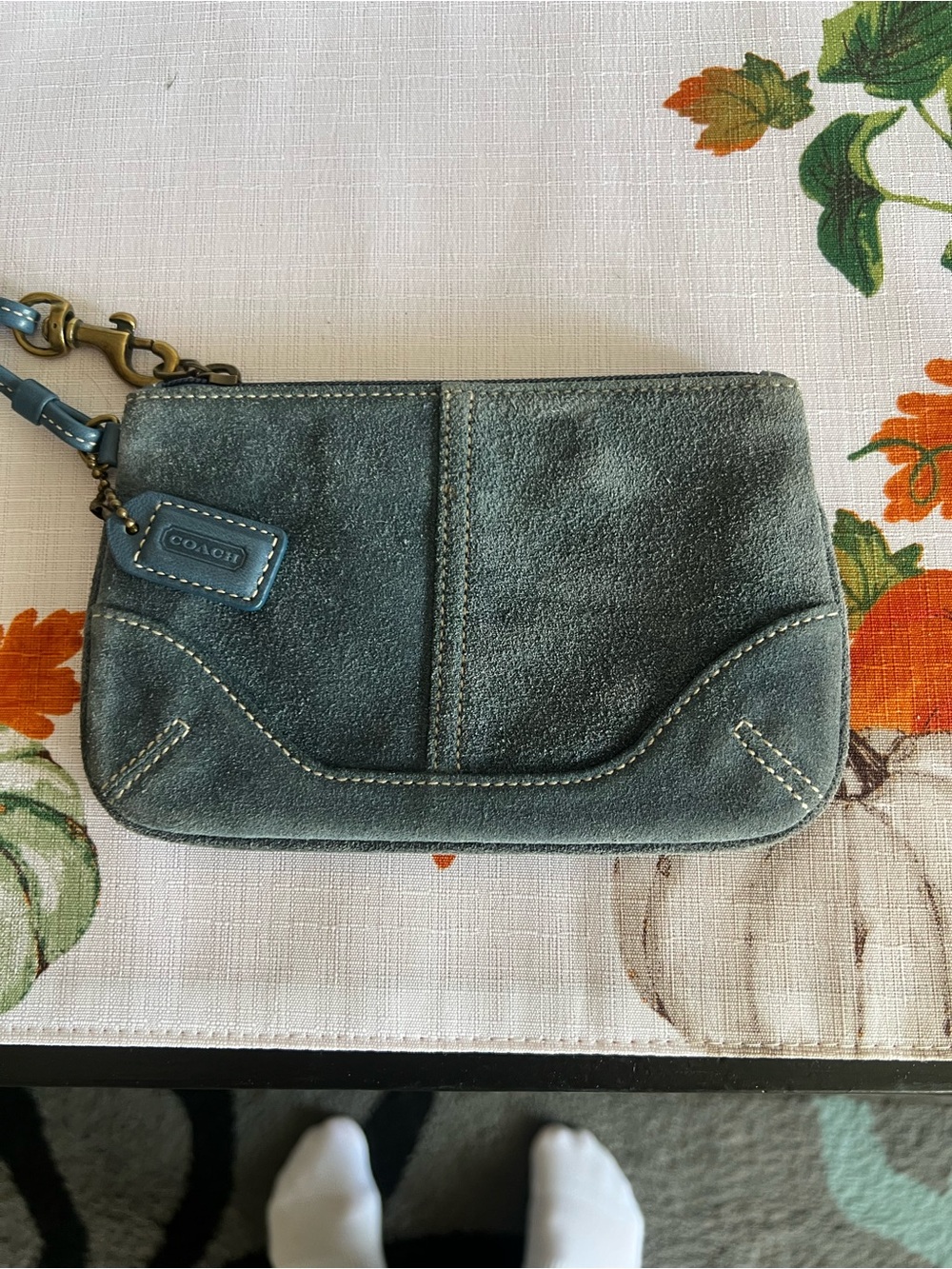 Vintage COACH Rare Suede and Leather Wristlet in Denim Blue and Brass